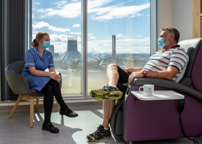 nurse and patient in Liverpool chemotherapy clinic