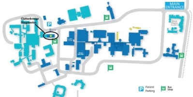 Map showing that to get to Clatterbridge Diagnostics you go straight down to the end of the road when you enter the Clatterbridge Health Park site. Clatterbridge Diagnostics is on the left as you reach Clatterbridge Cancer Centre - Wirral.