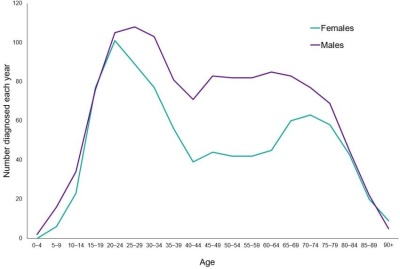Graph showing Hodgkin lymphoma is more common in men than women. The peak ages for diagnosis are people in their early twenties. Fewer people aged 80 and over are diagnosed
