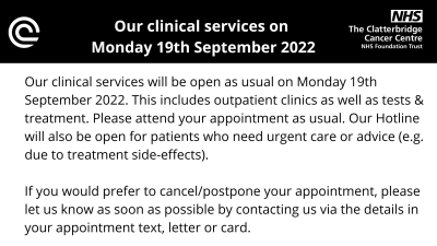 Infographic explaining that service swill be open as usual on Moinday 19th September. The wording is roughly the same as the story above. It has a black border at the top with the Trust logo.